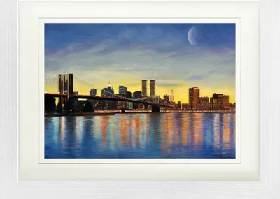 Obrázek produktu pro New York Zarámovaný obraz s paspartou | Wall Art | V rámu - Brooklynský most za úsvitu s panoramatem (30 x 40 cm)