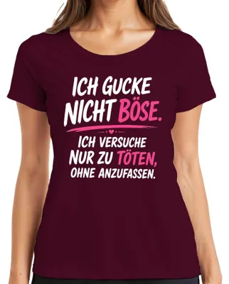 Immagine prodotto di T-shirt da donna, colore bordeaux, taglia M, con la scritta: "Non guardo con cattiveria. Tentativi di omicidio. Sarcasmo. Espressione."