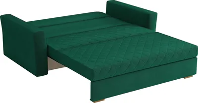A green sofa bed is shown in an open state, revealing its sleeping surface and storage compartment.