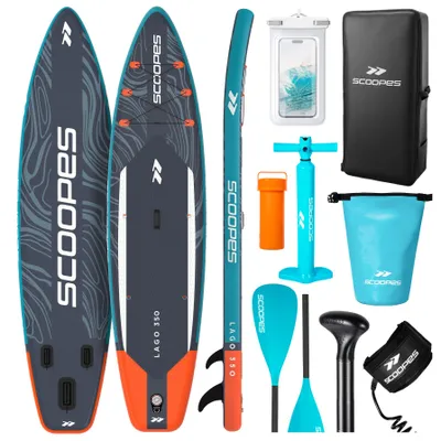 Produktbild von SUP Board Aufblasbares Paddle Board Schwimmbrett mit Zubehör Set Pumpe 350cm Grau bis 180 kg  350x81x15 cm Rucksack  wasserdichte Tasche