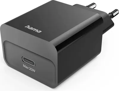 A black Hama USB-C PD 20W fast charger is shown against a white background.