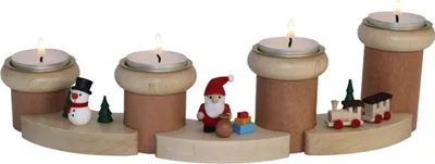 Immagine prodotto di Porta candele natalizio modulare, con decorazioni a tema: pupazzo di neve, Babbo Natale e trenino. Dimensioni: 32x8 cm. Nuovo