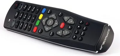 A black remote control with various buttons is shown against a white background.