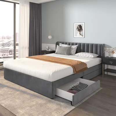 Produktbild von Flieks Čalúnená posteľ 180x200 cm Manželská posteľ s lamelovým roštom a 2 zásuvkami, úložná drevená posteľ Funkčná zamatová posteľ, bez matraca, sivá