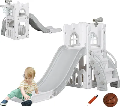 Image de Toboggan pour enfants AIYAPLAY 5 en 1 : toboggan pour tout-petits avec panier de basket télescopique