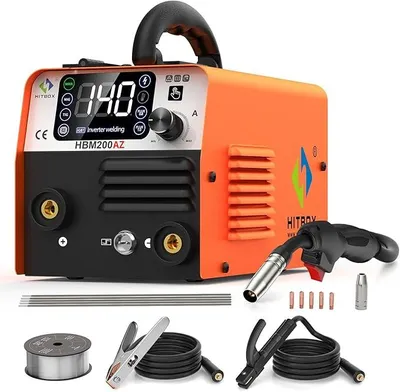 Productafbeelding van 3-in-1 lasapparaat met draad, 140A. Compact inverter lasapparaat met lassen zonder beschermgas, met synchrone draadtoevoer (HBM200) | MIG zonder gas, MMA, Lift TIG, digitaal LED-display, multifunctioneel, draagbaar