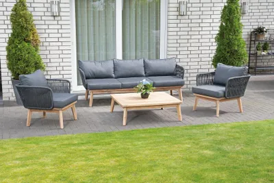 Produktbild von SunnySmart Lounge-Dining-Gruppe Bridgeport Alu/Akazienholz/Polyrope dunkelgrau inkl. Kissen (2 Sessel, 3-Sitzer-Sofa, 1 Tisch)