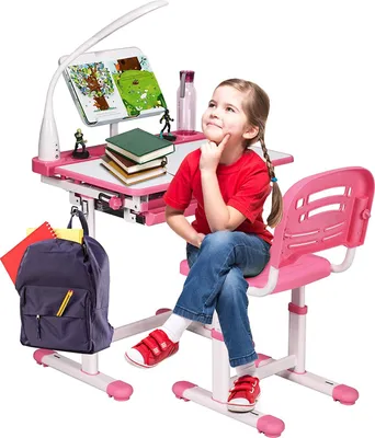 Produktbild von höhenverstellbarer Kinderschreibtisch mit Lampe & Bücherständer, Schülerschreibtisch Jugendschreibtisch neigungsverstellbar, Schreibtisch Set für Kinder mit Stuhl und Schublade (Rosa)