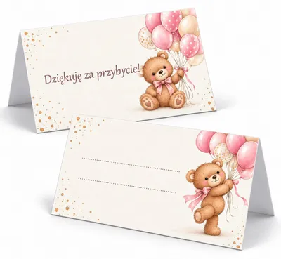 Zdjęcie produktu dla Winietki na Stół Miś Z Różowymi Balonami Wesele Urodziny Chrzest - 6 szt
