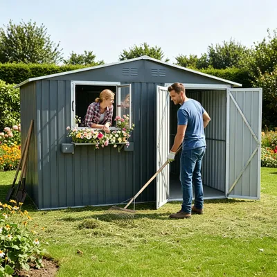 Productafbeelding van Buitenopslagberging, 295x243,6 cm (7,19 m²), antracietgrijs, verzinkte stalen tuinhuis met 2 openslaande ramen, afsluitbare deuren en een bloemenrek, waterdicht voor tuin, terras en achtertuin