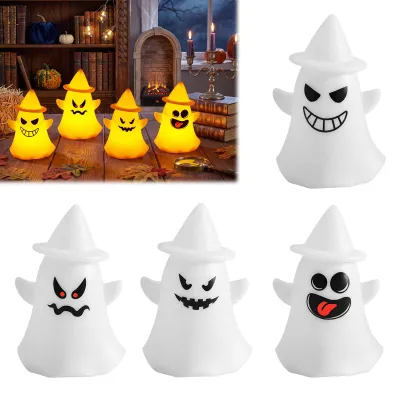 4er-Set süße Geister-Nachtlichter, Halloween-Deko, warmes LED-Licht