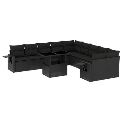 Produktbild von Modulares Garten-Loungeset, 11-teilige Sofagarnitur mit verstellbarem Tisch, Poly Rattan Schwarz, UV-beständig, inkl. Kissen