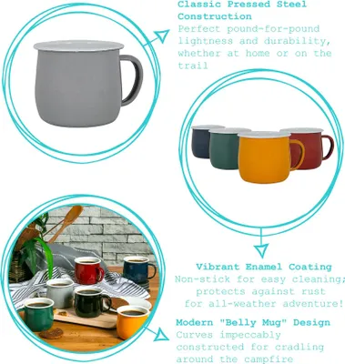 Produktbild von Argon Ta Bauch Tassen Farbige Emaille - Stahl Outdoor-Camping-Tee-Kaffeetasse - 375ml - 3 Farben - Packung mit 6