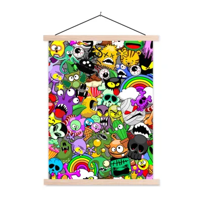 Produktbild von MuchoWow® Textilposter Neon - Muster - Lustig - Monster - Regenbogen - Kinder 60x80 cm mit holzfarbenen Rahmen - Wandbild