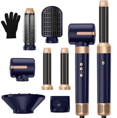 Produktbild von UKLISS 7-in-1-Haarstyler, 1400 W, 110.000 U/min, mit Diffusor, Rundbürste, Luftlockenstab, Glättbürste, Blau