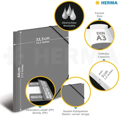 Produktbild von HERMA Erdmännchentruppe, Konventioneller Dateiordner, A3, Polypropylen (PP), Mehrfarbig, Papier, Gummiband