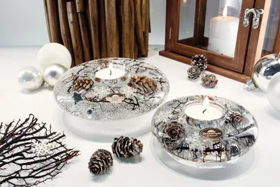 Image de Gilde Dreamlight, bougeoir, modèle Ufo Mini, thème hivernal, verre, marron, transparent, argenté, lot de 6, diamètre : 10,5 cm, hauteur : 4,00 cm, référence : 77277