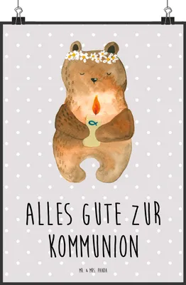 Produktbild von Mr. & Mrs. Panda Bild Bär Kommunion DIN A2 - Grau Pastell - Geschenk, Gottes Segen, drucke, Taufkerze, Katholisch, Teddy, Kunstdruck, wanddeko, poster, Wandbild
