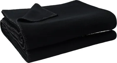 A folded black fleece blanket.