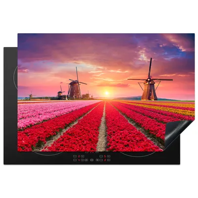 Produktbild von KitchenYeah© Herdabdeckplatte Mühle - Blumen - Sonnenuntergang - Niederländisch , 76x51cm, Küche Deko, Glaskeramikkochfeld Herdabdeckung, Abdeckplatte fùr Kochfeld