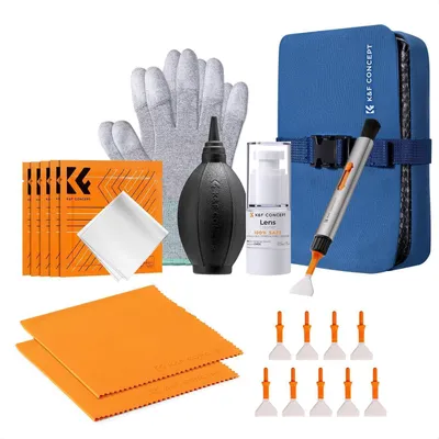 Immagine prodotto di Kit di pulizia per obiettivi e lenti, 23 pezzi, completo di soffietto, panno in microfibra, guanto, tamponi e liquido detergente