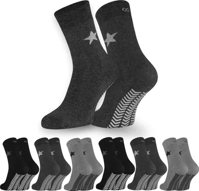 Produktbild von OCERA 6 Paar Thermo Stoppersocken mit ABS - Anti Rutschsocken mit Innenfrottee für Damen und Herren - Grautöne mit Sterne Muster 43-46