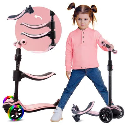 Produktbild von Kinder Roller Kinderscooter Dreiradscooter mit LED Räder, 2-Rädern, Hinterbremsen, Höhenverstellbare, bis 50kg belastbar Rosa