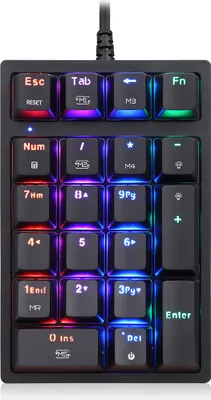 A black mechanical numeric keypad with RGB backlighting.