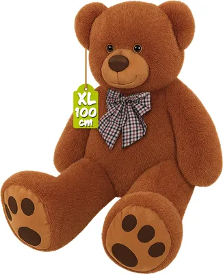 A large brown teddy bear with a bow tie and a tag.