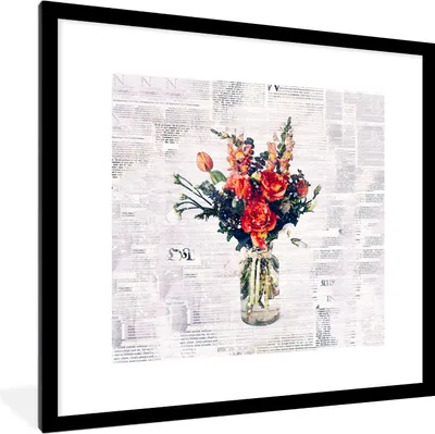 Produktbild von MuchoWow® MuchoWow® Gerahmtes Poster Vase - Blumen - Zeitungspapier 40x40 cm - Poster mit zchwarzem Bilderrahmen - Poster - Plakat im Rahmen