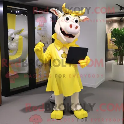 Imagen del producto de Personaje REDBROKOLY mascota de un cebú amarillo limón vestido con una minifalda y carteras