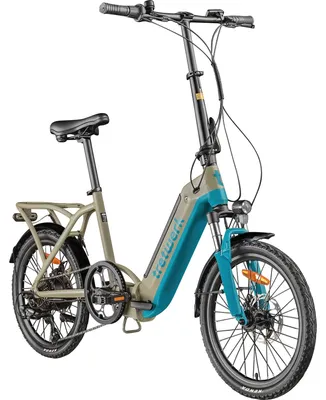 Produktbild von Tretwerk Camper E Bike Klapprad Damen Herren 20 Zoll Elektro Fahrrad 468 Wh Pedelec beige/türkis