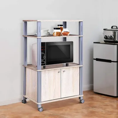 Produktbild von GOPLUS Küchenregal Mikrowellenregal rollbar mit 3 Ablagen & 2 Türen, 60x40x98cm Küchenwagen Küche Standregal Platzsparend