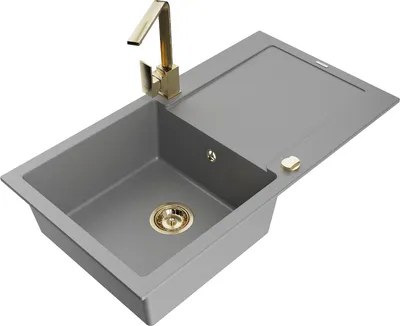 Image de Mexen Leo Évier 1 bac en granit avec égouttoir et mitigeur Rita, Gris - 6501-71-670300-50
