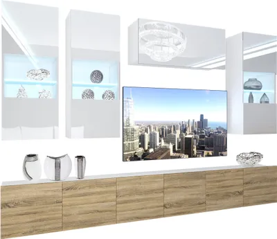 Produktbild von BELINI Wohnwand Vollausstattung Wohnzimmer-Set Moderne Schrankwand mit LED-Beleuchtung Weiß Glänzend Anbauwand TV-Schrank Weiß / Sonoma Eiche Glänzend/Matt
