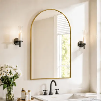 Produktbild von ProximaX Bogenspiegel 91 x 61 cm Gold, Wandspiegel mit Aluminiumrahmen, verzerrungsfreies Sicherheitsglas, Badspiegel für Badezimmer & Schlafzimmer