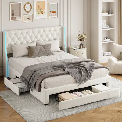 Immagine prodotto di CDGlobal letto imbottito 160x200cm, letto matrimoniale con cassetti e rete a doghe, letto contenitore letto matrimoniale con LED, letto in legno letto giovanile letto contenitore letto funzionale letto in velluto, beige