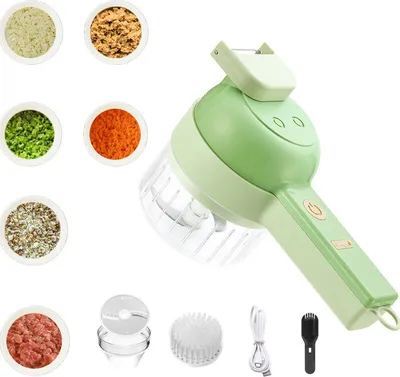 A product shot of a 4-in-1 electric vegetable cutter set, with various chopped ingredients displayed in small bowls around it.