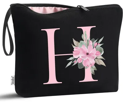 Image de Pochette de toilette avec initiales de A à Z, en coton, noire