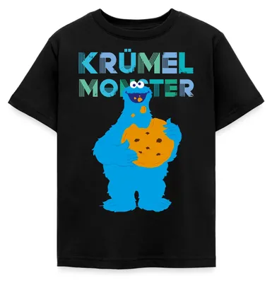 Produktbild von Spreadshirt Sesamstraße Krümelmonster Riesencookie Kinder T-Shirt, 122/128 (7-8 Jahre), Schwarz