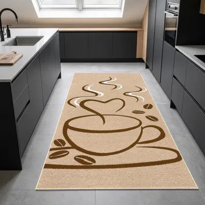 Immagine prodotto di Runner da cucina con motivo a tazze e cuori, facile da pulire, colore beige, dimensioni: 67 x 180 cm