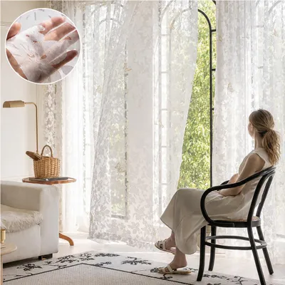 Produktbild von 2er Set Gardine Vorhang Halbtransparent B140xH225cm Ösenschal Tüll Fenstervorhang mit Schmetterling & Blumen Deko Wohnzimmer Schlafzimmer Weiß