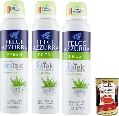 Produktbild von Felce Azzurra Deodorant deo Spray Fresh mit Aloe Vera, IdraTalc Formel, 48 Stunden Wirksamkeit, Fleckenlos 3x 150 ml + Italian Gourmet polpa 400g