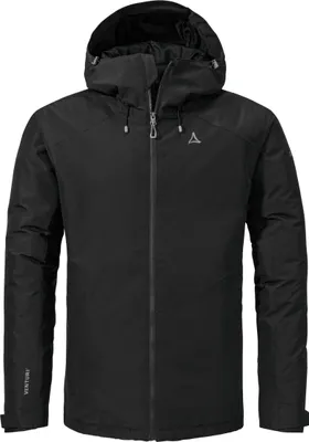 A black ski jacket with a hood, zipped up, displayed against a white background.
