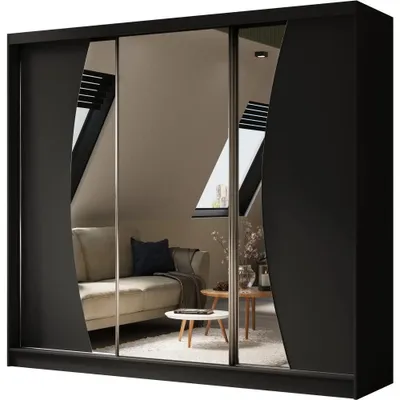 Produktbild von Schwebetürenschrank VOX II 240 cm – Kleiderschrank mit Schubladen, Spiegel & Schiebetüren (Schwarz)