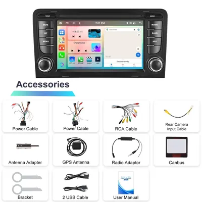 Image de Autoradio pour Audi A3 8P 2003-2012 - Lecteur multimédia Android 2-DIN - Écran 17,8 cm - 2 Go + 64 Go - CarPlay - Android 13 - GPS, RDS/FM - 1024 x 600