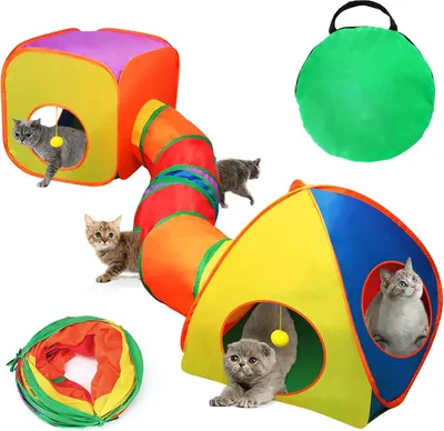 Produktbild von Interaktiver Katzentunnel für draußen - Faltbarer Pop-Up Katzenspielzeug - Katzentent für drinnen - Rasseltunnel für Katzen und Kaninchen (Bunt)