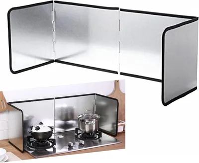 Obrázek produktu pro Stříbrná, ocelová ochrana proti stříkající vodě do kuchyně, skládací, rozměry 78 x 30 x 29 cm, vhodná pro sporák
