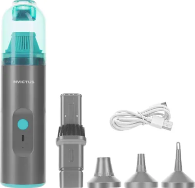 Produktbild von Genius Invictus ONE Home Mini Akku-Handstaubsauger 8-TLG. tragbarer Auto Handstaubsauger 2in1 Luftpumpe Luftgebläse für Tisch Desktop PC Tierhaare