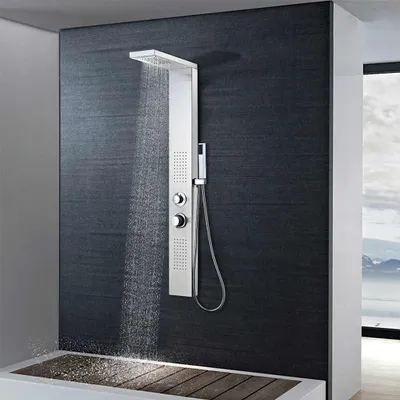 Produktbild von vidaXL Duschpaneel-System, Edelstahl, Silber, Viereckig, gebürstet, mit Regenbrause, Wasserfall, Massagedüsen und Handbrause, 150 Silikondüsen, kalkablagerungsresistent, Standard 1/2 Zoll Anschluss, 15 x 47 x 130 cm (B x T x H)